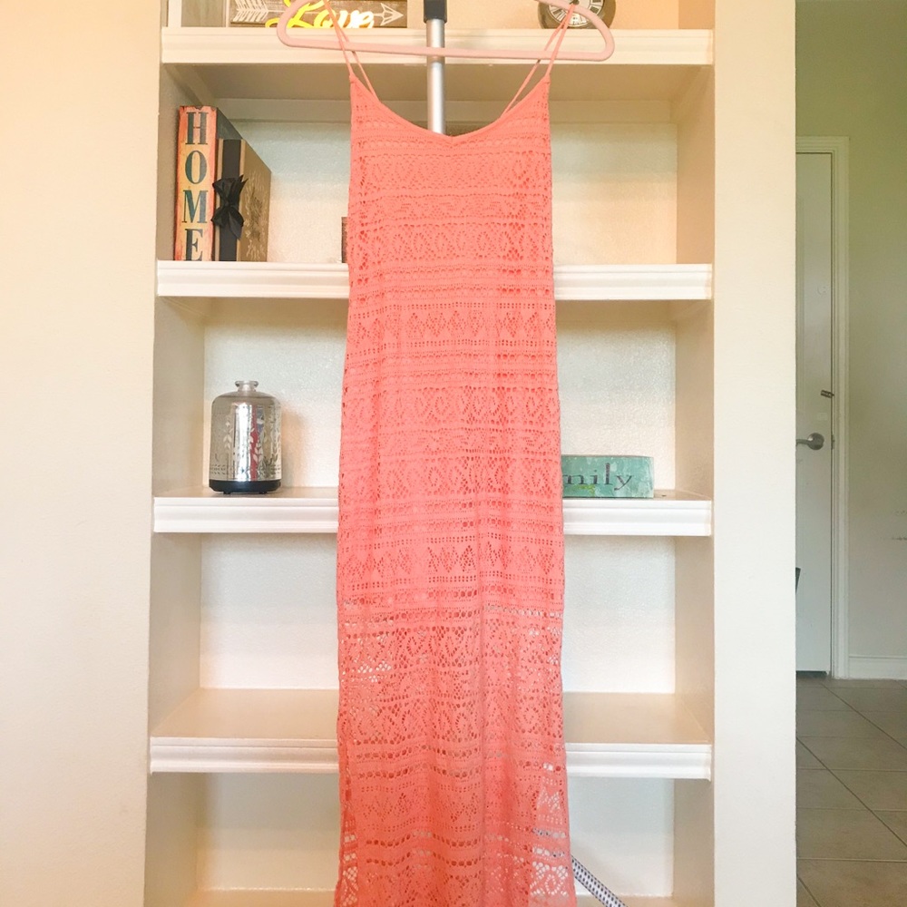 Coral Crotchet Halter Midi Dress